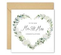 AXFEE Wedding Card for Bride and Groom,White and Green Floral Wreath Design | 15*15cm, Kraft Envelope, Square greeting card, Grace, Flower Heart Congratulations to the New Mr and Mrs