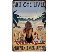 AXHNG Vintage Beach Lived Happily Dogs Braid The Beach Beach Lounge Poster Metal Aluminium Tin Sign 8x6 Inch Wall Decor