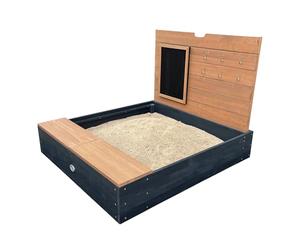 AXI Mandy Wooden Sandpit with Bench, Storage space, Lid & Chalkboard | Sandbox wood for Garden in anthracite & brown including ground cover | 3.4 x 3 ft