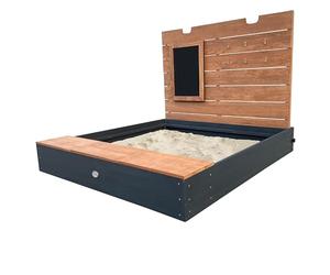 AXI Mandy Wooden Sandpit XL with Bench, Storage space, Lid & Chalkboard | Sandbox wood for Garden in anthracite & brown including ground cover