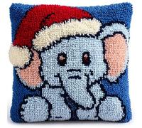 AxiangziK Animal Latch Hook Cushion Cover Kit,Baby Elephant Wearing Santa hat,DIY Needlework Embroidery Kits Handmade Set Latch Hook Craft Sofa Home Decor,17x17in
