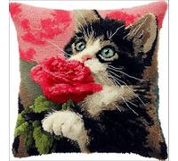 AxiangziK Animal Latch Hook Cushion Kit,Cute cat and Roses,DIY Pillowcase for Kids Adults,Printed Canvas for Beginners,Cross Stitch Embroidery Kits,17x17in
