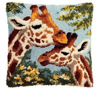 AxiangziK Animal Latch Hook Cushion Kit,Giraffe Mother and Child,DIY Pillowcase for Kids Adults,Printed Canvas for Beginners,Cross Stitch Embroidery Kits,17x17in