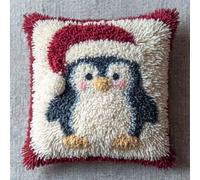 AxiangziK Animal Latch Hook Cushion Kit,Little Penguin Wearing a Santa hat,DIY Pillowcase for Kids Adults,Printed Canvas for Beginners,Cross Stitch Embroidery Kits,17x17in