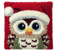 AxiangziK Animal Latch Hook Cushion Kits for Adults,Owl Wearing a Santa hat,Latch Hook Pillow Case,Embroidery Kits,DIY Needlework Pillow Cover Cushion Making,17x17in