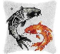 AxiangziK Animal Latch Hook Cushion Kits for Adults,Two koi Fish,Latch Hook Pillow Case,Embroidery Kits,DIY Needlework Pillow Cover Cushion Making,17x17in