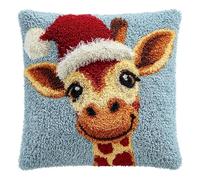 AxiangziK Animal Latch Hook Kit Cushion for Adults,Giraffe Wearing a Santa hat,DIY Craft Latch Hook Embroidery Cross Stitch Pillow Cover Kit for Christmas/Gifts,17x17in