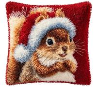 AxiangziK Animal Latch Hook Kit Cushion,Squirrel Wearing a Santa hat,DIY Latch Hook Pillow Printed Cushion Embroidery Needlework Craft Embroidery Kit,17x17in
