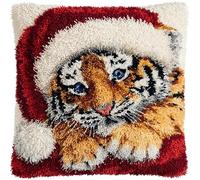 AxiangziK Animal Latch Hook Kit Cushion,Tiger cub Wearing Santa hat,DIY Latch Hook Pillow Printed Cushion Embroidery Needlework Craft Embroidery Kit,17x17in