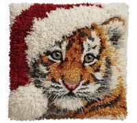 AxiangziK Animal Latch Hook Kits for Adults,Tiger cub Wearing Santa hat,DIY Latch Cross Stitch Sofa Cushion,Creativity Gift Embroidery Home Decoration,17x17in