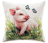 AxiangziK Animal Latch Hook Pillow Case Kits,A Pink Pig in The Butterfly Grass,Latch Hook Kit for Adults,DIY Pillow Cover Cushion,Canvas Creativity Crochet Gift,17x17in