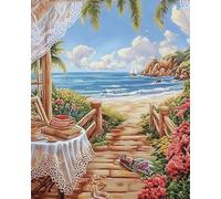 AxiangziK Balcony Dining Table Counted Cross Stitch kit DIY,Sea View Outside The Window,Cross Stitching Kits Stamped Fabric Embroidery Crafts Kit for Home Decoration,16x20inch