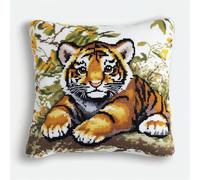 AxiangziK Cartoon Animals Latch Hook Kit Cushion for Adults,Cute Little Tiger,DIY Craft Latch Hook Embroidery Latch Hook Pillow Cover Kit for Christmas/Gifts,17x17in