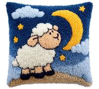 AxiangziK Cartoon Style Animals Latch Hook Kit for Adults,Sheep Looking up at the Starry Sky,DIY Latch Hook Cushion,Cross Stitch Embroidery Cushion Making Kits Home Decor,17x17in