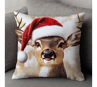 AxiangziK Christmas Cross Stitch Cushion Kits for Adults,Deer Wearing Santa hat,Embroidery kit Pillow Tapestry,DIY Cross Stitch Pillow Kits,18x18in