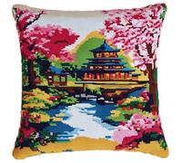 AxiangziK Cross Stitch Needlework Set,Japanese-Style Park Landscape,DIY Latch Hook Cushion Kit Pillow Mat Crocheting Cushion Embroidery Pillow,17x17in