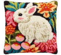 AxiangziK Cross Stitch Needlework Set,Rabbit in the Flower Bushes,DIY Latch Hook Cushion Kit Pillow Mat Crocheting Cushion Embroidery Pillow,17x17in