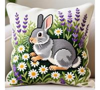 AxiangziK Cross Stitch Needlework Set,Rabbit in The Flowers,DIY Latch Hook Cushion Kit Pillow Mat Crocheting Cushion Embroidery Pillow,17x17in