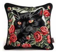 AxiangziK Cross-Stitch Pillow DIY Kit,Black cat and Flowers,Pillowcase 11CT Stamped Embroidery Needlepoint Handmade Cushion Home Decor,18x18in