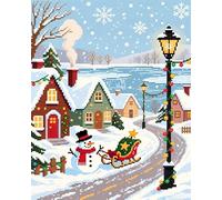 AxiangziK DIY Crafts Cross Stitch Kits for Beginners,Christmas Street Snow Scene 12x16in Pre Printed 11ct,DIY Stamped Embroidery Starter Kit for Adults Easy Sewing Set Home Decor