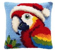 AxiangziK DIY Latch Hook Kits for Adults,Parrot Wearing a Santa hat,Latch Hook Cushion Cover Kit,DIY Carpet Cushion Crocheting Pillowcase for Home,17x17in
