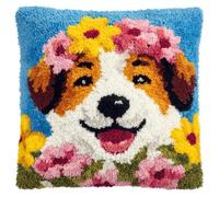 AxiangziK DIY Latch Hook Kits for Beginners,Flowers on The Smiling Dog's Head,Latch Cross Stitch Sofa Cushion,Includes Cushion Kits and Yarn Set for Crochet,17x17in
