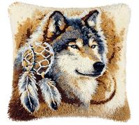 AxiangziK DIY Latch Hook Pillow Kit,Animal Wolf,Stamped Pillow Latch Hook Beginners Adults Teenager Embroidery Home Decoration Cross Stitch Kit,17x17in