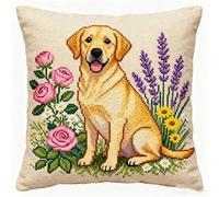 AxiangziK DIY Latch Hook Pillow Kit,Labrador Retriever in Flowers,Stamped Pillow Latch Hook Beginners Adults Teenager Embroidery Home Decoration Cross Stitch Kit,17x17in