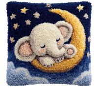 AxiangziK DIY Latch Hook Pillow Kit,The Moon and The Elephant,Stamped Pillow Latch Hook Beginners Adults Teenager Embroidery Home Decoration Cross Stitch Kit,17x17in