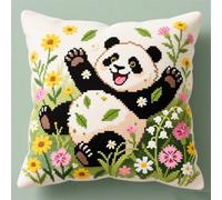 AxiangziK DIY Latch Hook Pillow Kits for Adults,A Happy Panda Among The Flowers,Pillow Cover with Preprinted Pattern Embroidery Latch Hooking Cushion for Home Decor,17x17in