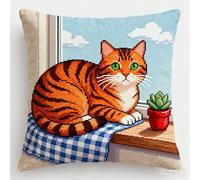 AxiangziK DIY Latch Hook Pillow Kits for Adults,Cat and Flower Pot on The windowsill,Beginner Cushion Cover Latch Hook Kit,Creative Craft for Family Home Decor,17x17in