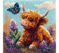 AxiangziK DIY Latch Hook Pillow Set 43x43cm,Highland Cattle and Butterflies Printed Canvas Needlework Kit,Pillowcase & Cushion Embroidery Project,All-in-One Craft for Sofa Decor & Family Activities