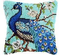AxiangziK Flower Branches Latch Hook Cushion Kit,Beautiful Blue Peacock,Latch Hook for Beginners Adults or Children,Latch Hook Kit Christmas Gifts,17x17in