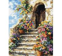 AxiangziK Flower Landscape Art Counted Cross Stitch kit,Flower pots in Front of The Stairs,11CT Stamped Cross Stitch Kits for Beginners Adults Gift for Friends,16x20inch