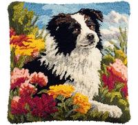 AxiangziK Flower Landscape Latch Hook Cushion Cover Kit,Border Collie Dog,DIY Needlework Embroidery Kits Handmade Set Latch Hook Craft Sofa Home Decor,17x17in