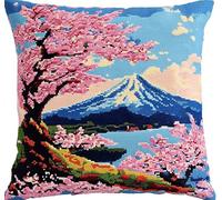 AxiangziK Japanese Style Latch Hook Kit Cushion for Adults,Snow Mountain Cherry Blossom Tree,DIY Craft Latch Hook Embroidery Latch Hook Pillow Cover Kit for Christmas/Gifts,17x17in