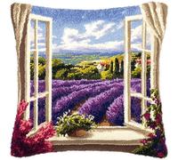 AxiangziK Landscape Latch Hook Kit for Adults,Lavender Fields Outside The Window,DIY Latch Hook Cushion,Cross Stitch Embroidery Cushion Making Kits Home Decor,17x17in