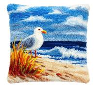 AxiangziK Landscape Latch Hook Kits for Adults,Seagull Bird on The Beach,DIY Latch Cross Stitch Sofa Cushion,Creativity Gift Embroidery Home Decoration,17x17in