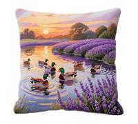 AxiangziK Landscape Needlework Cushion Kit,Lavender and Ducks by The River,DIY Cross Stitch Cushion Cross Stitch Kits for Adults Embroidery Pillow Case,18x18in
