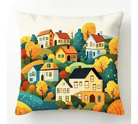 AxiangziK Landscape Printed Cushion Covers Cross Stitch Kits,Colorful House Town,DIY Needlework Kit Embroidery Pillow Canvas Cushion Cross Stitch Pillowcase,18x18in