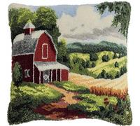 AxiangziK Latch Hook Cushion Cover Kit,Country Cabin Landscape,DIY Needlework Embroidery Kits Handmade Set Latch Hook Craft Sofa Home Decor,17x17in