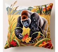 AxiangziK Latch Hook Cushion Kit,Gorilla in The Autumn Grass,DIY Pillowcase for Kids Adults,Printed Canvas for Beginners,Cross Stitch Embroidery Kits,17x17in