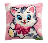 AxiangziK Latch Hook Kit Cushion for Adults,A Kitten with a Bow,DIY Craft Latch Hook Embroidery Cross Stitch Pillow Cover Kit for Christmas/Gifts,17x17in