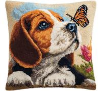 AxiangziK Latch Hook Kit Cushion for Adults,Animal Beagle Dog,DIY Craft Latch Hook Embroidery Cross Stitch Pillow Cover Kit for Christmas/Gifts,17x17in
