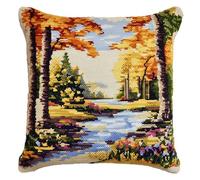 AxiangziK Latch Hook Kit Cushion for Adults,Autumn Forest Landscape,DIY Craft Latch Hook Embroidery Cross Stitch Pillow Cover Kit for Christmas/Gifts,17x17in