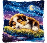 AxiangziK Latch Hook Kit Cushion for Adults,Puppy Under The Starry Sky,DIY Craft Latch Hook Embroidery Cross Stitch Pillow Cover Kit for Christmas/Gifts,17x17in