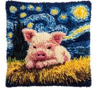 AxiangziK Latch Hook Kit Cushion,Pigs Under The Starry Sky,DIY Latch Hook Pillow Printed Cushion Embroidery Needlework Craft Embroidery Kit,17x17in
