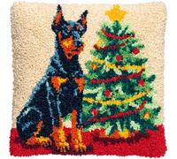 AxiangziK Latch Hook Kits DIY Throw Pillow Cover,Christmas Tree and Doberman Pinscher,Cushion Cover Embroidery Craft Kit for Adults and Beginners Embroidery Home Decoration,17x17in