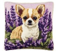 AxiangziK Latch Hook Kits for Adults Beginners,Chihuahua in The Lavender Field,Latch Hook Pillow Kit Pre-Printed Cross-Stitch Embroidery Cushion for Home Sofa Decoration,17x17in