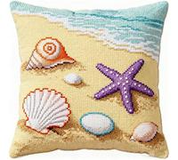 AxiangziK Latch Hook Kits for Adults Beginners,Shells on The Beach,Latch Hook Pillow Kit Pre-Printed Cross-Stitch Embroidery Cushion for Home Sofa Decoration,17x17in